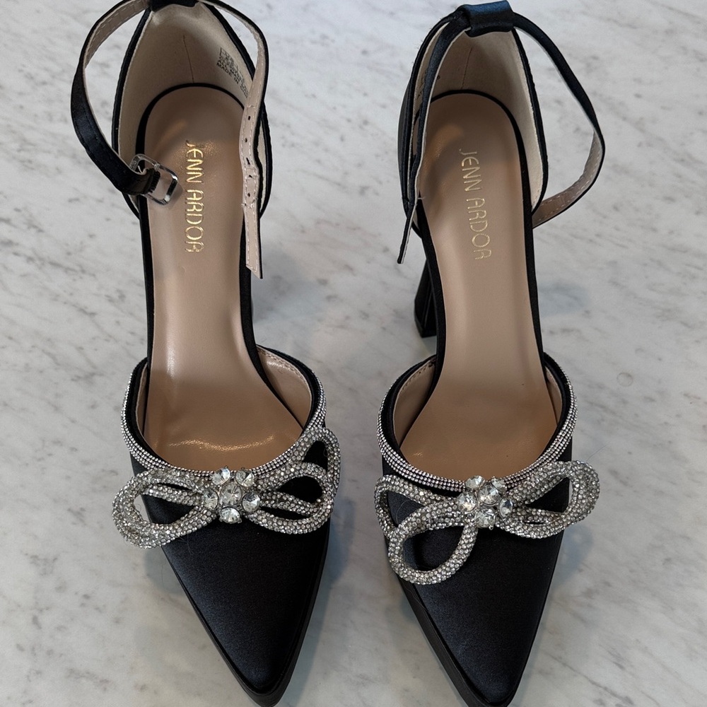 Jenn Ardor Black Satin Pointed Toe Heels with Crystal Bow